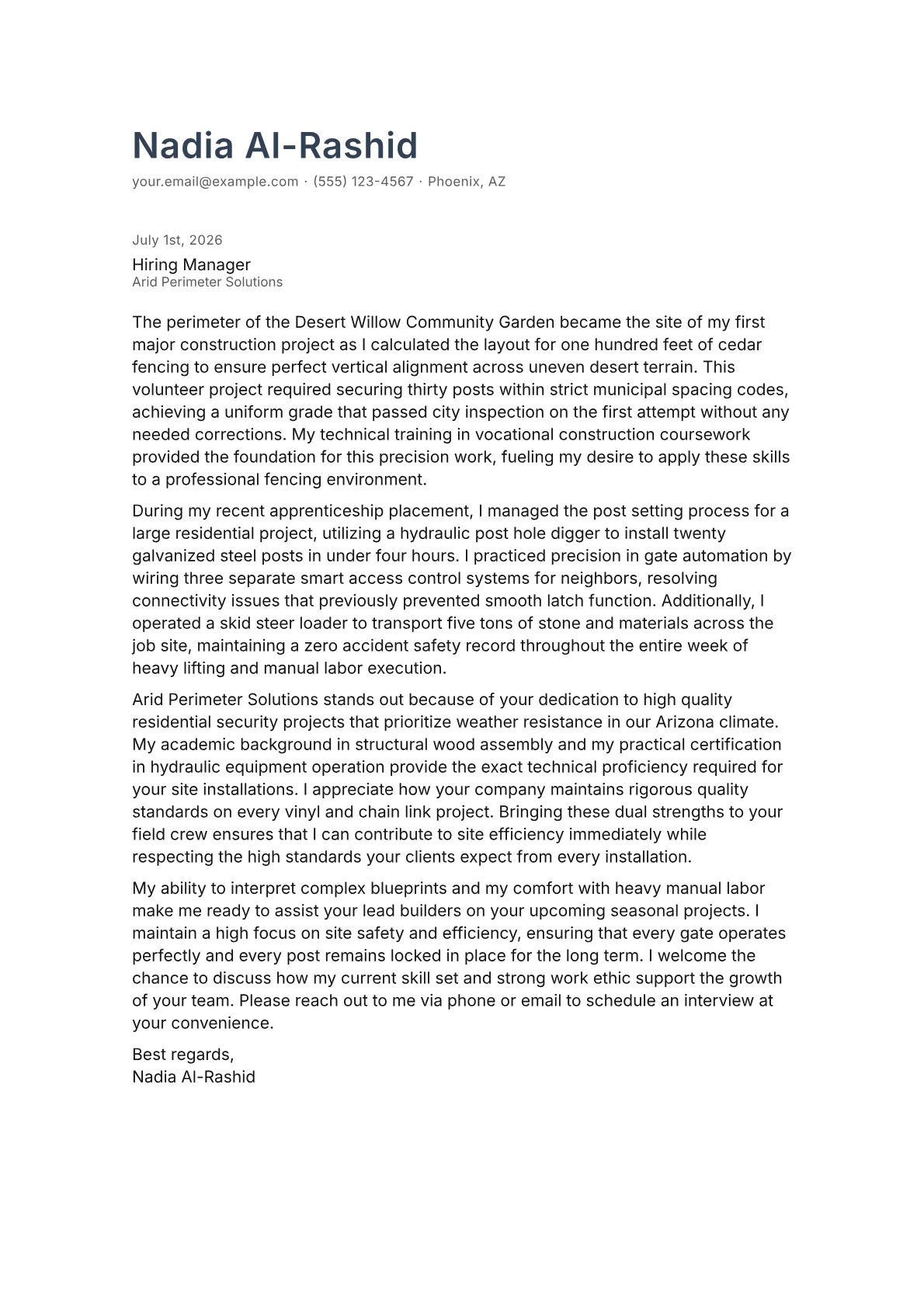 Fence Builder cover letter in the Minimal design