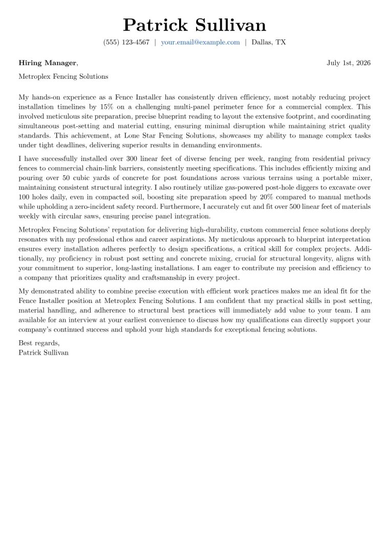 Fence Installer cover letter example