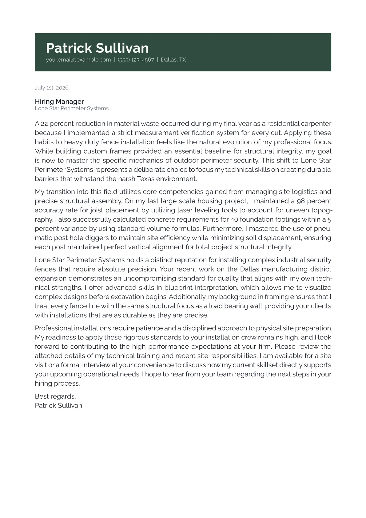 Fence Installer cover letter in the Banner design