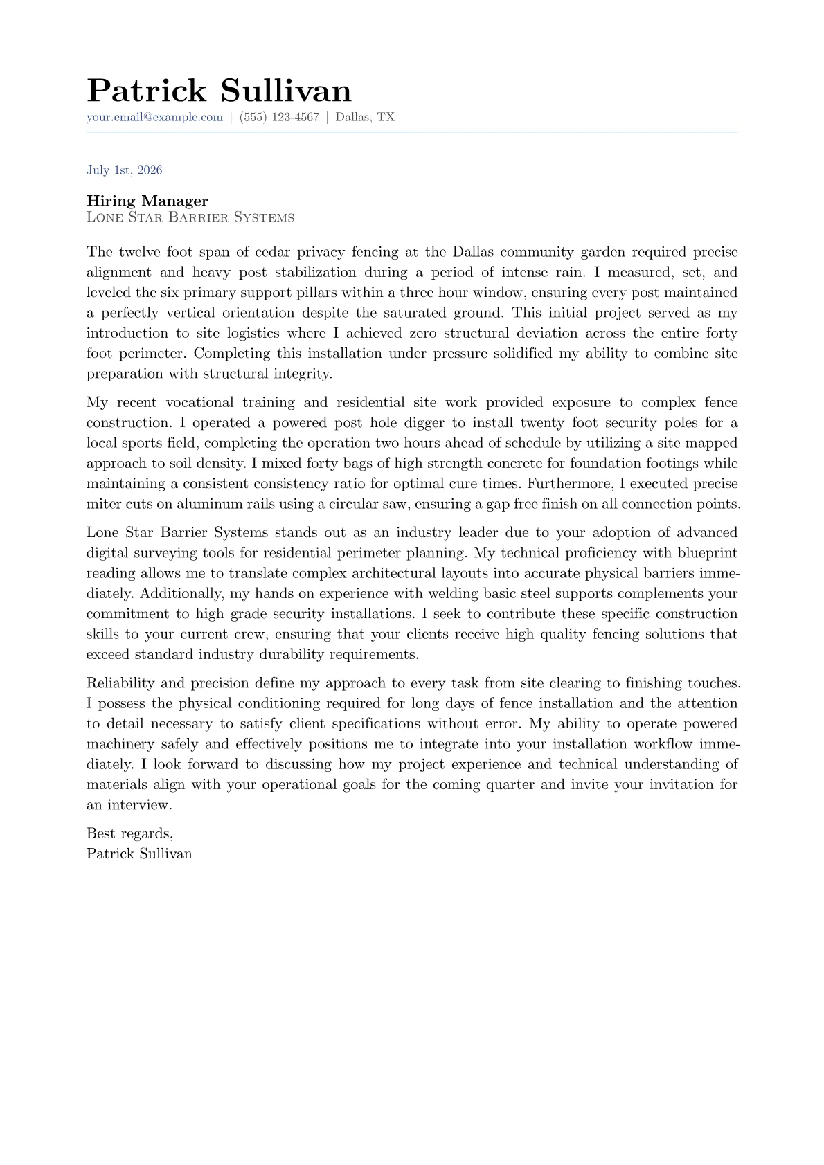 Fence Installer cover letter in the Classic design