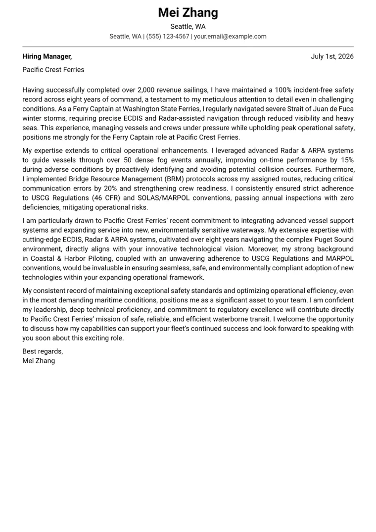 Ferry Captain cover letter example