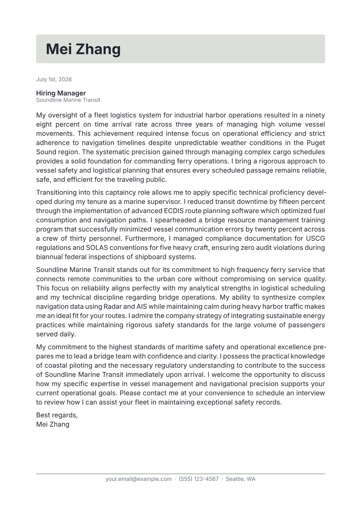Ferry Captain cover letter in the Letterhead design
