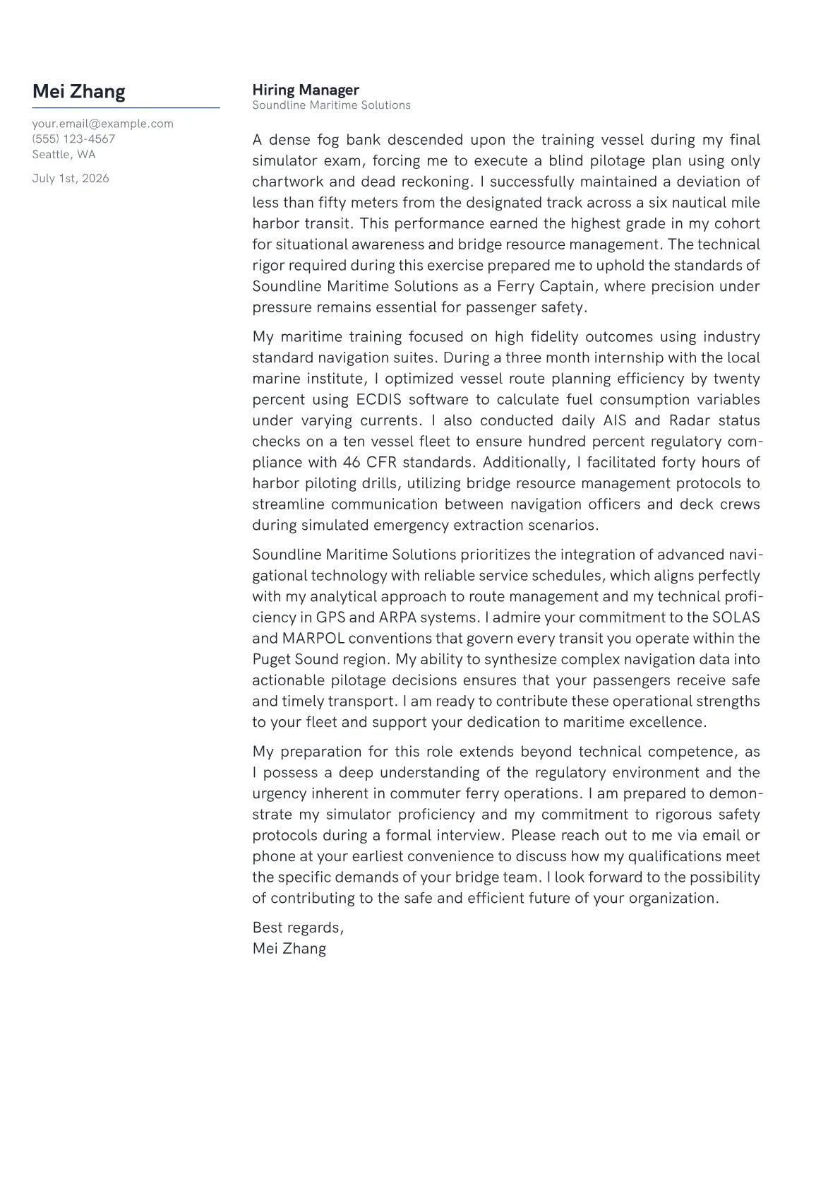 Ferry Captain cover letter in the Margin design