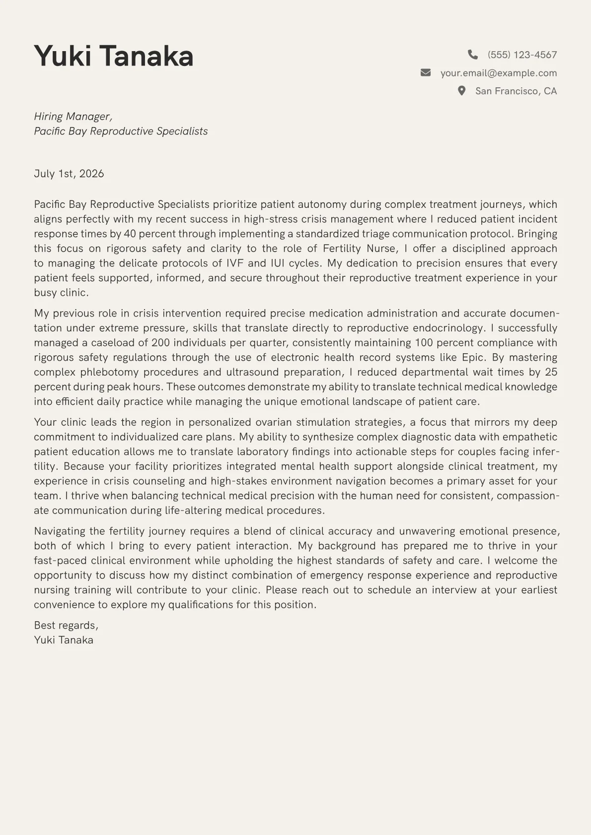 Fertility Nurse cover letter in the Creative design