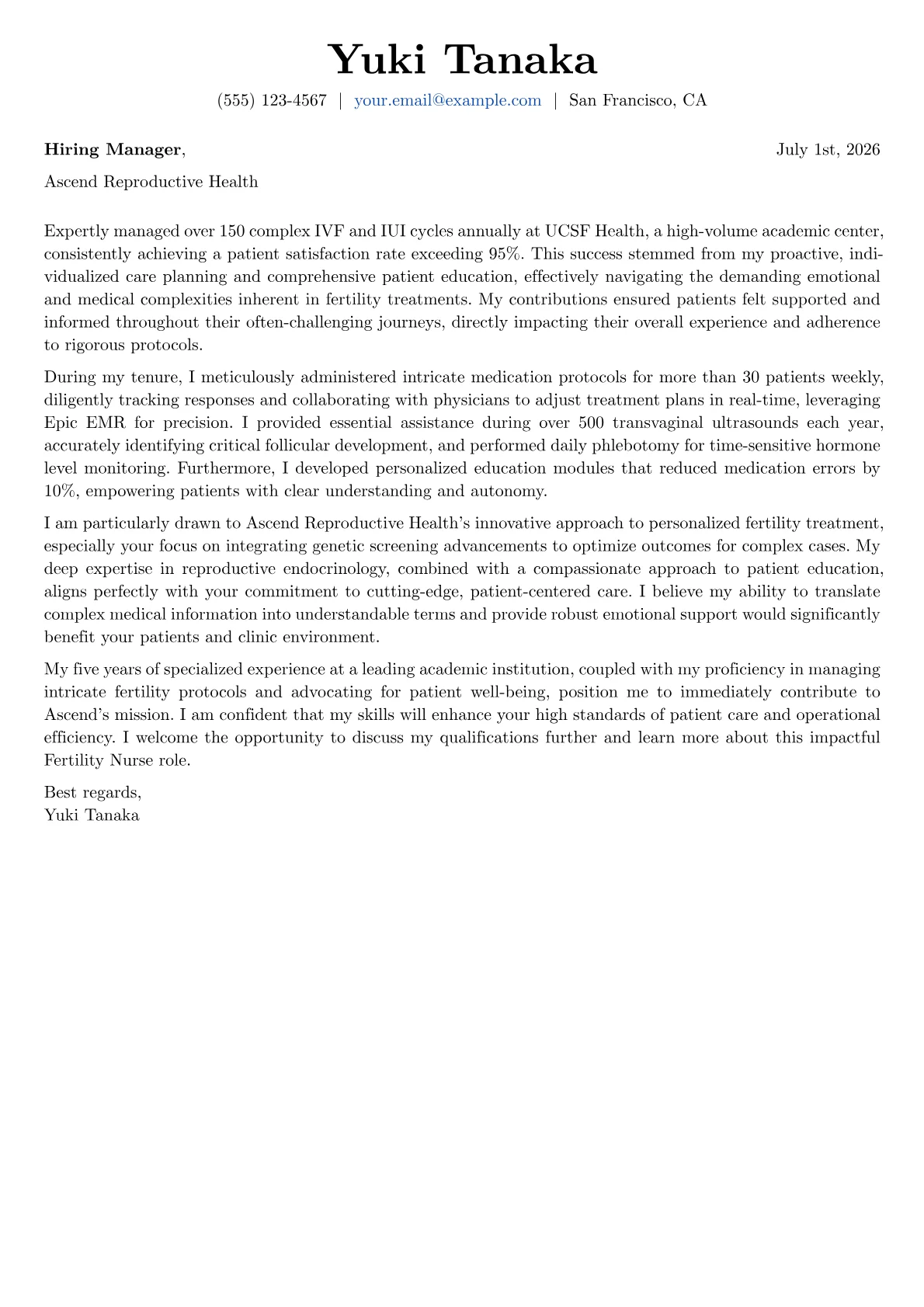 Fertility Nurse cover letter formatted with a JobSprout template
