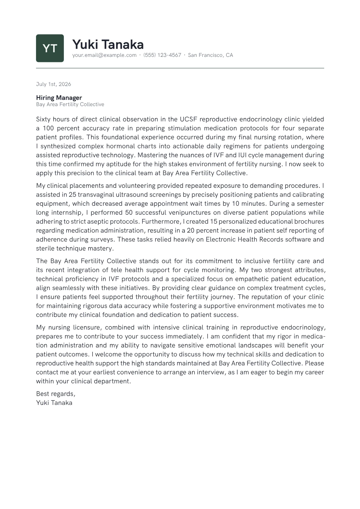 Fertility Nurse cover letter in the Emblem design