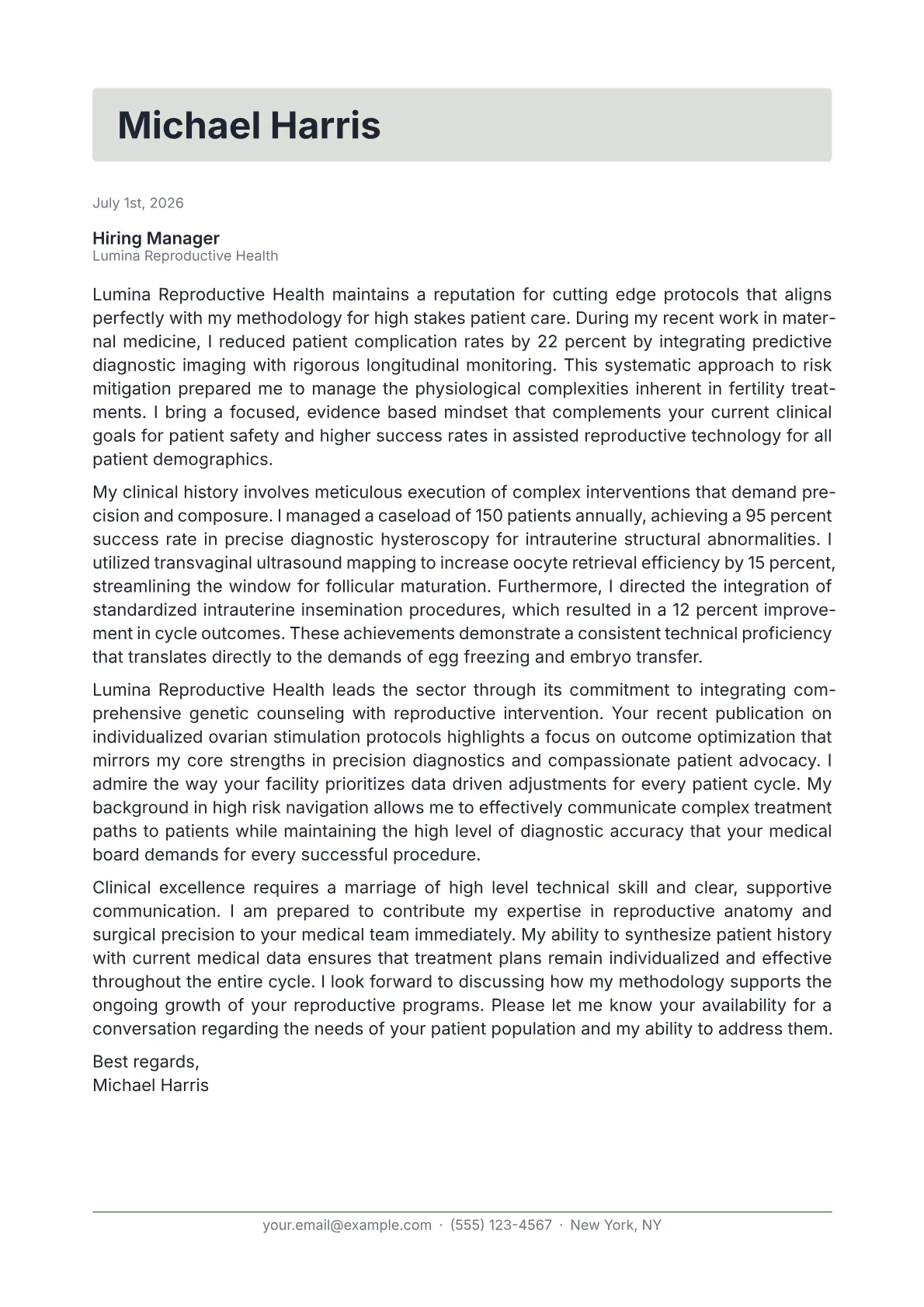 Fertility Specialist cover letter in the Letterhead design