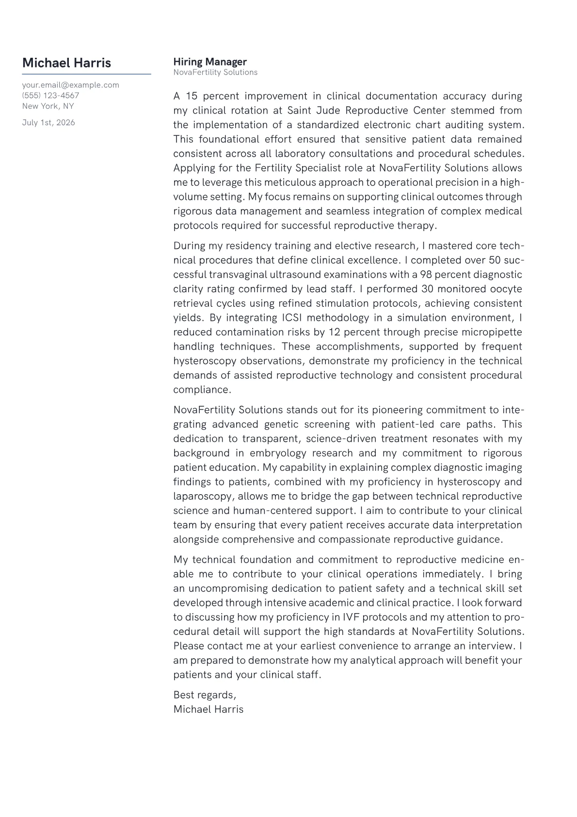 Fertility Specialist cover letter in the Margin design