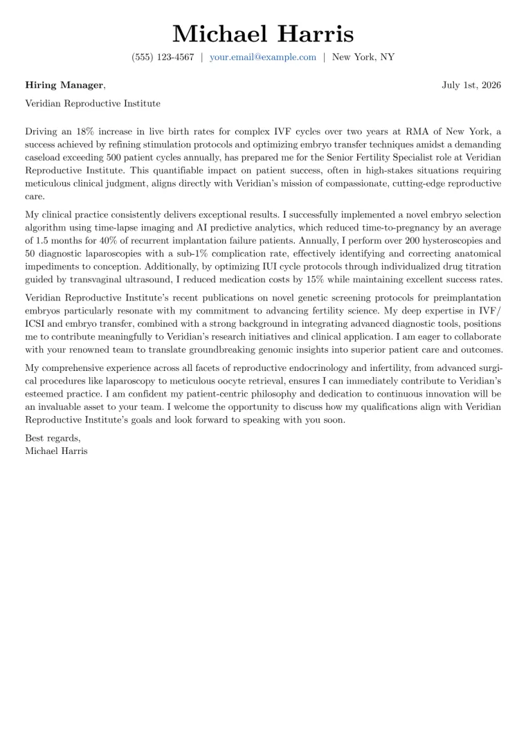 Fertility Specialist cover letter example