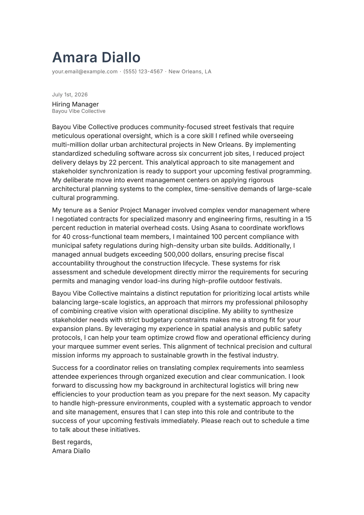Festival Coordinator cover letter in the Minimal design
