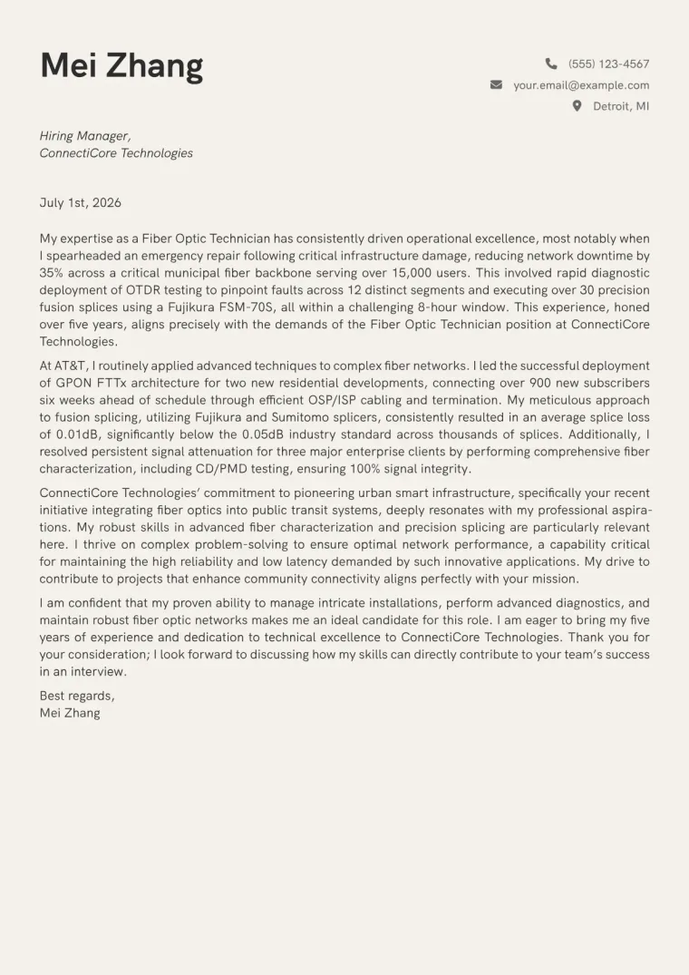 Fiber Optic Technician Cover Letter Example