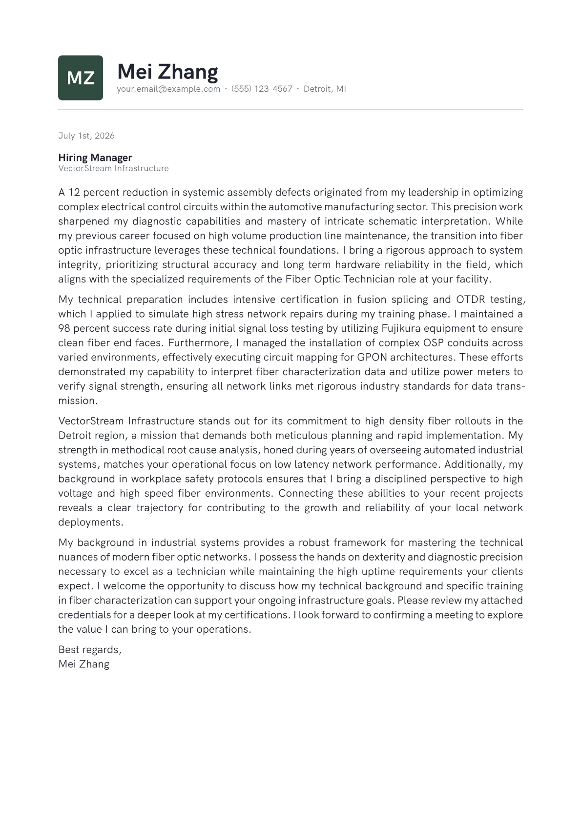 Fiber Optic Technician cover letter in the Emblem design