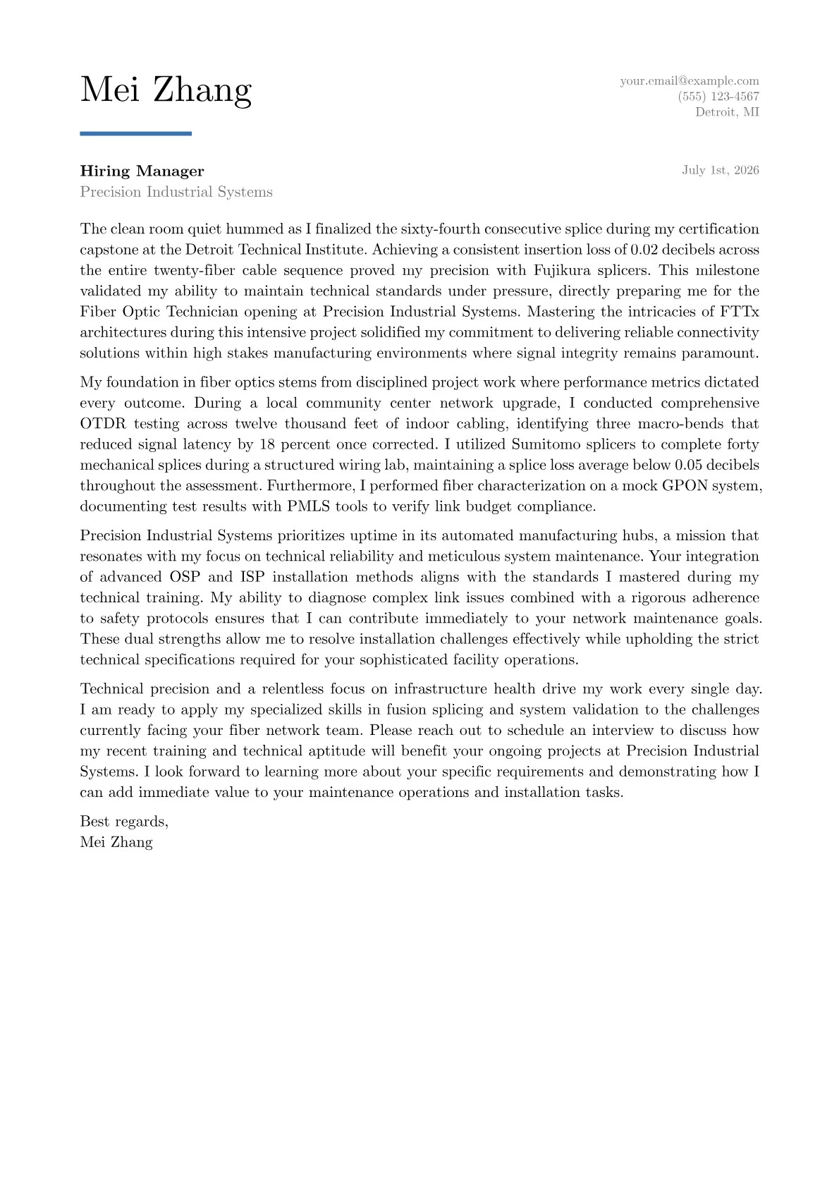 Fiber Optic Technician cover letter in the Executive design
