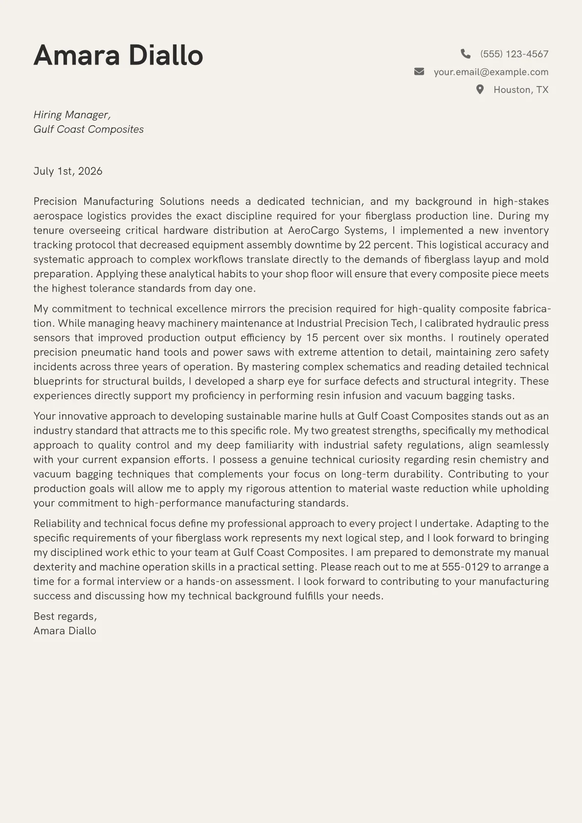 Fiberglass Worker cover letter in the Creative design