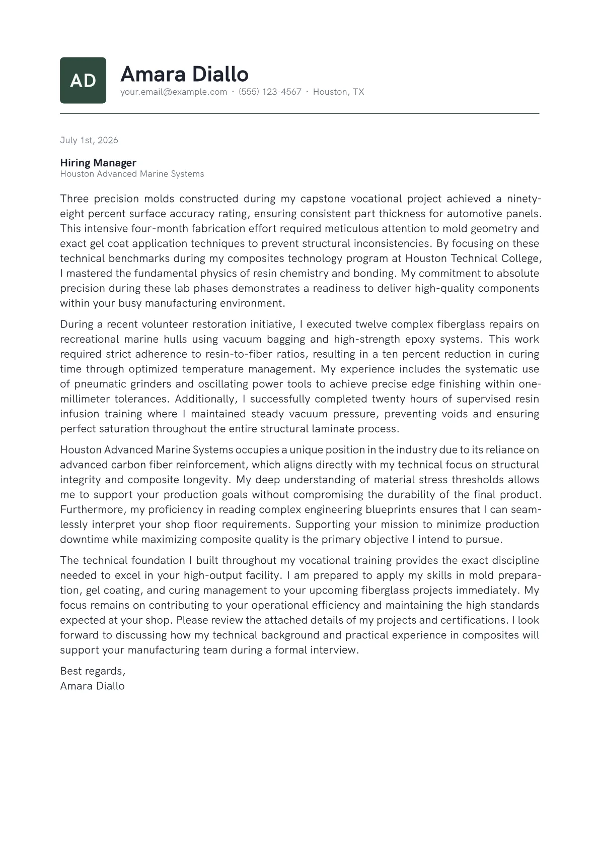 Fiberglass Worker cover letter in the Emblem design