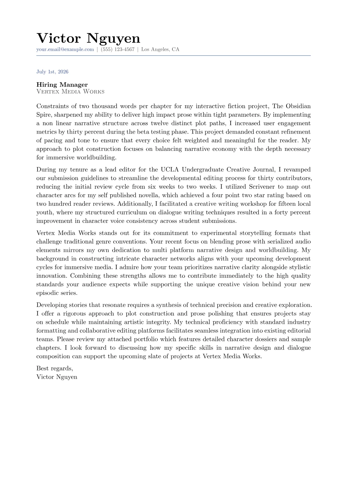 Fiction Writer cover letter in the Classic design