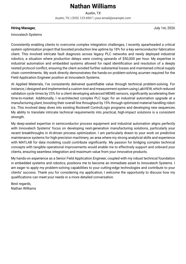 Field Application Engineer cover letter example