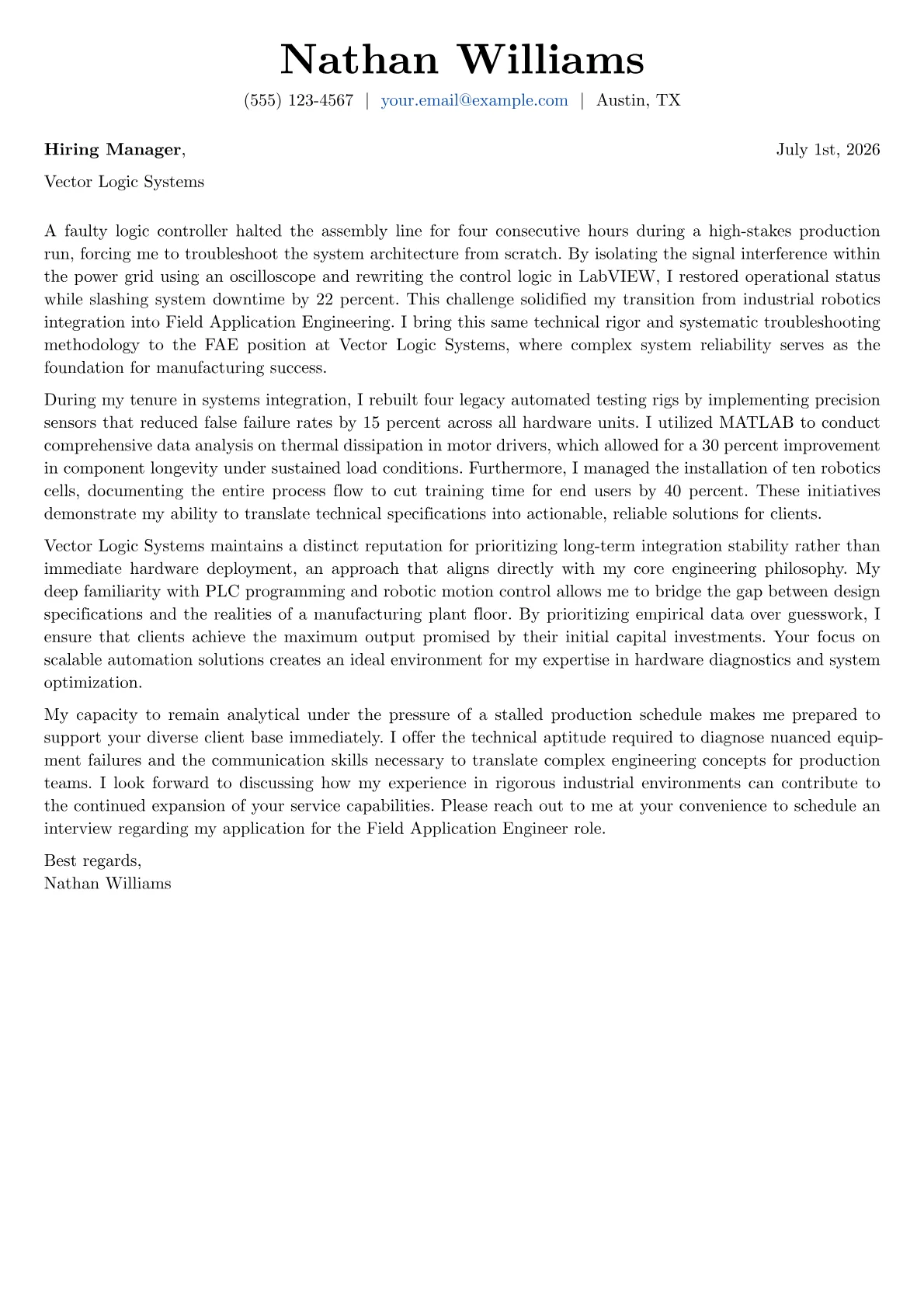 Field Application Engineer cover letter in the Basic design