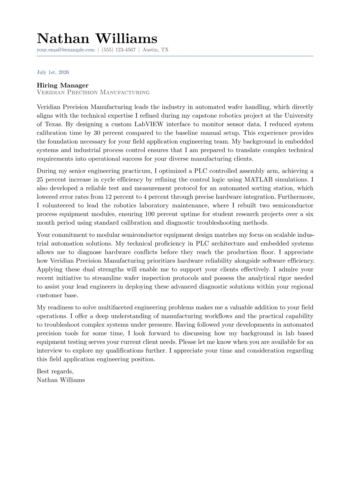 Field Application Engineer cover letter in the Classic design