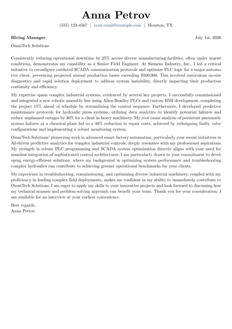 Field Engineer Cover Letter Example