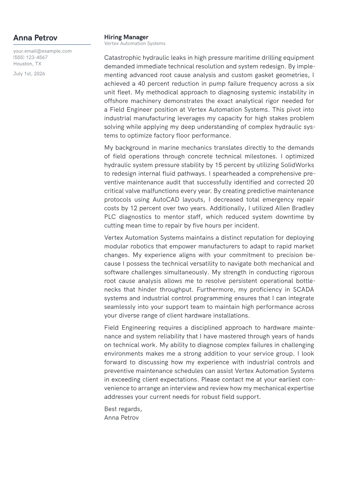 Field Engineer cover letter in the Margin design