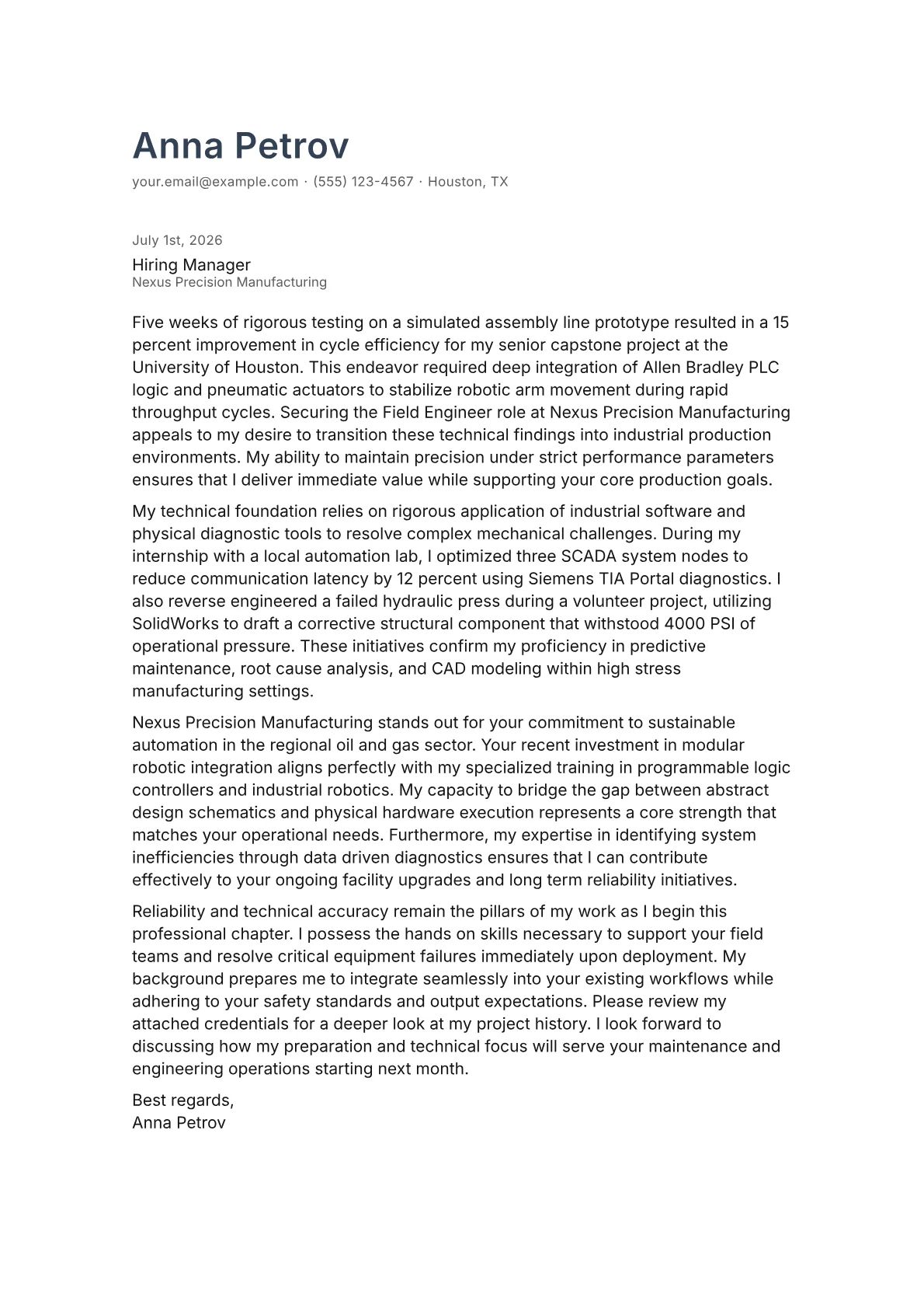 Field Engineer cover letter in the Minimal design
