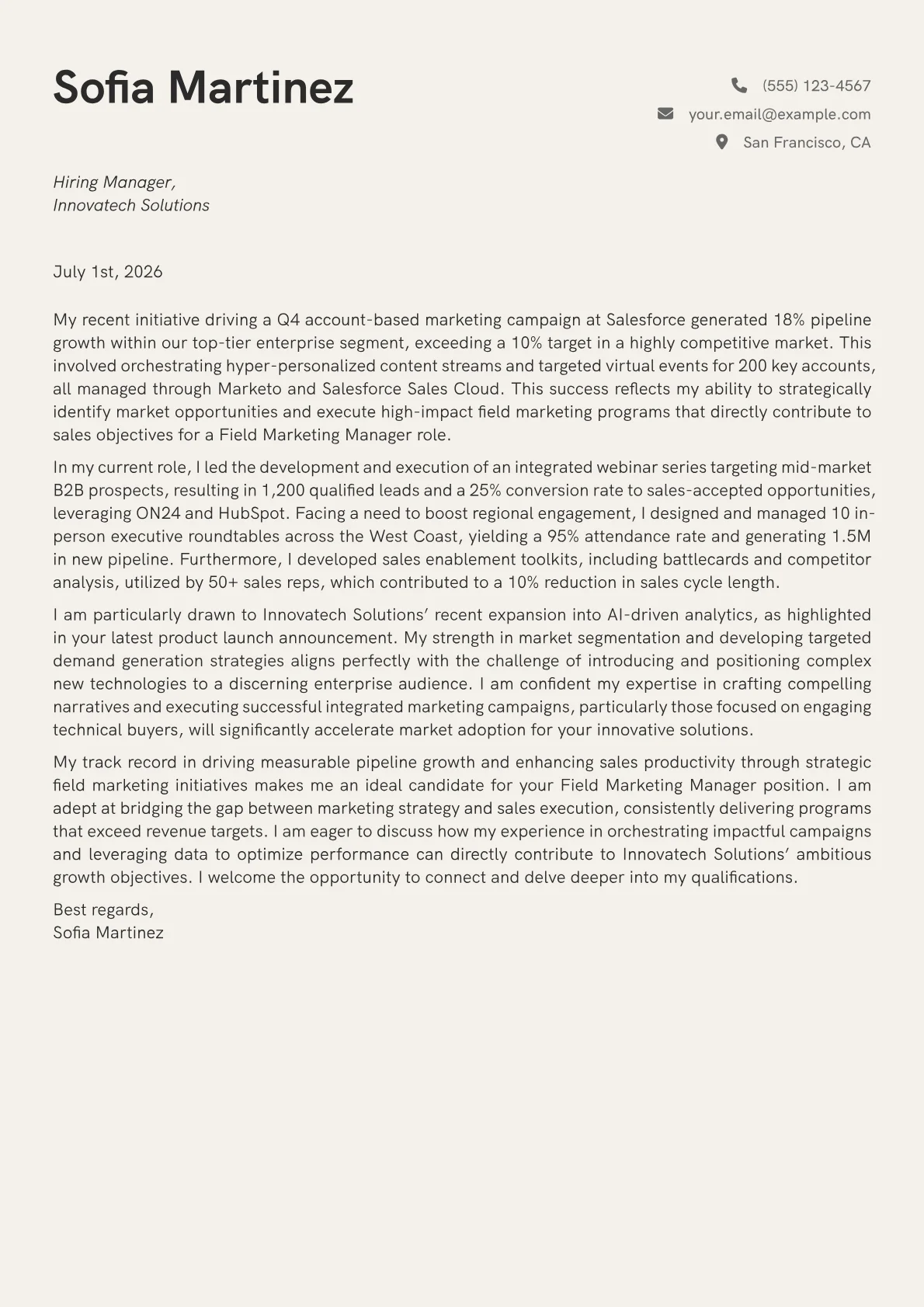 Field Marketing Manager cover letter formatted with a JobSprout template