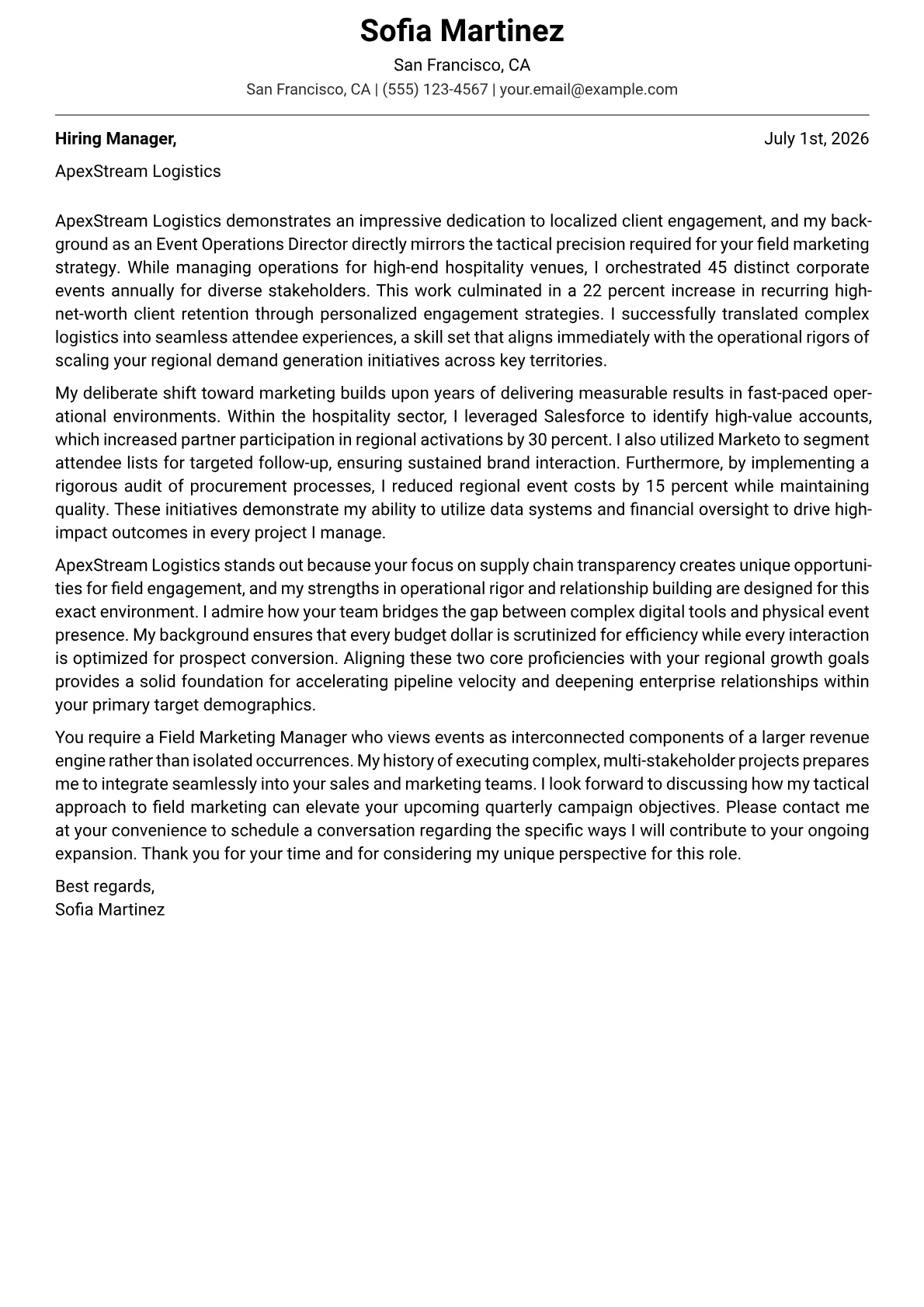 Field Marketing Manager cover letter in the Modern design