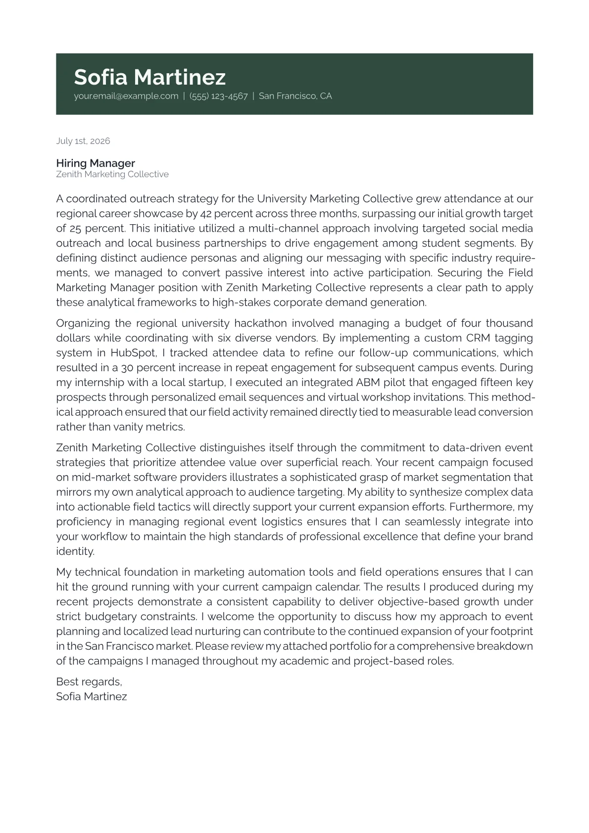 Field Marketing Manager cover letter in the Banner design