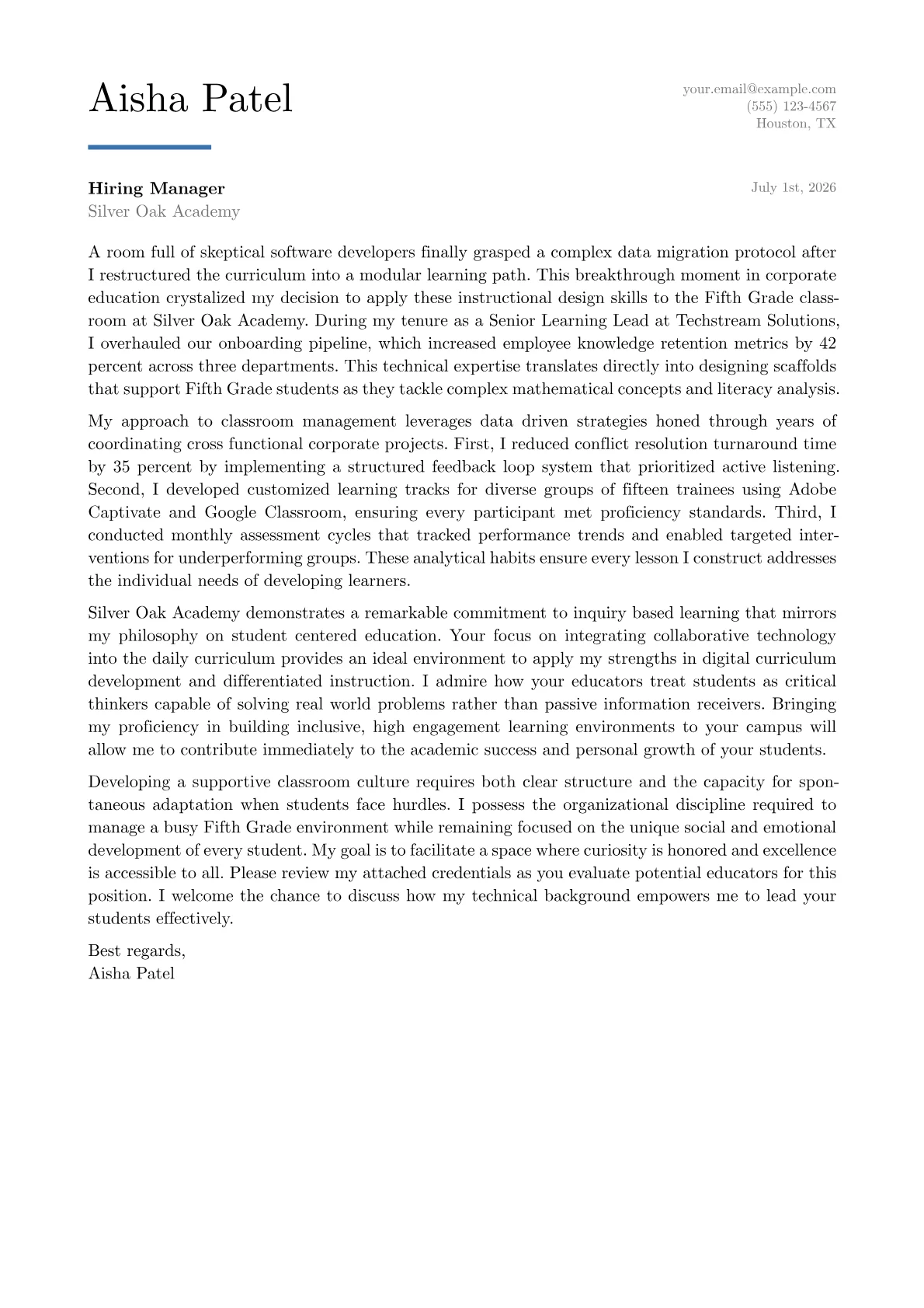Fifth Grade Teacher cover letter in the Executive design