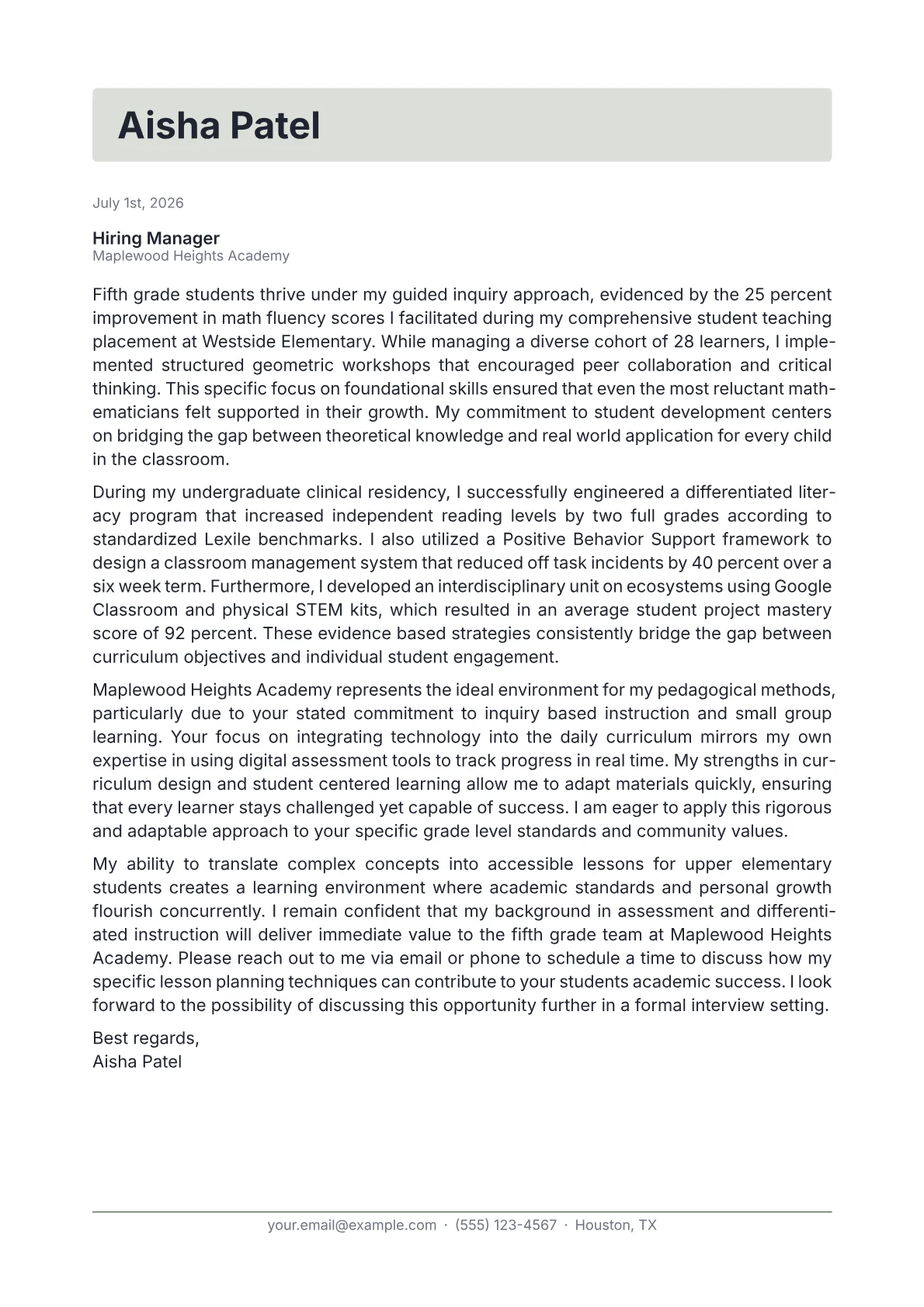 Fifth Grade Teacher cover letter in the Letterhead design
