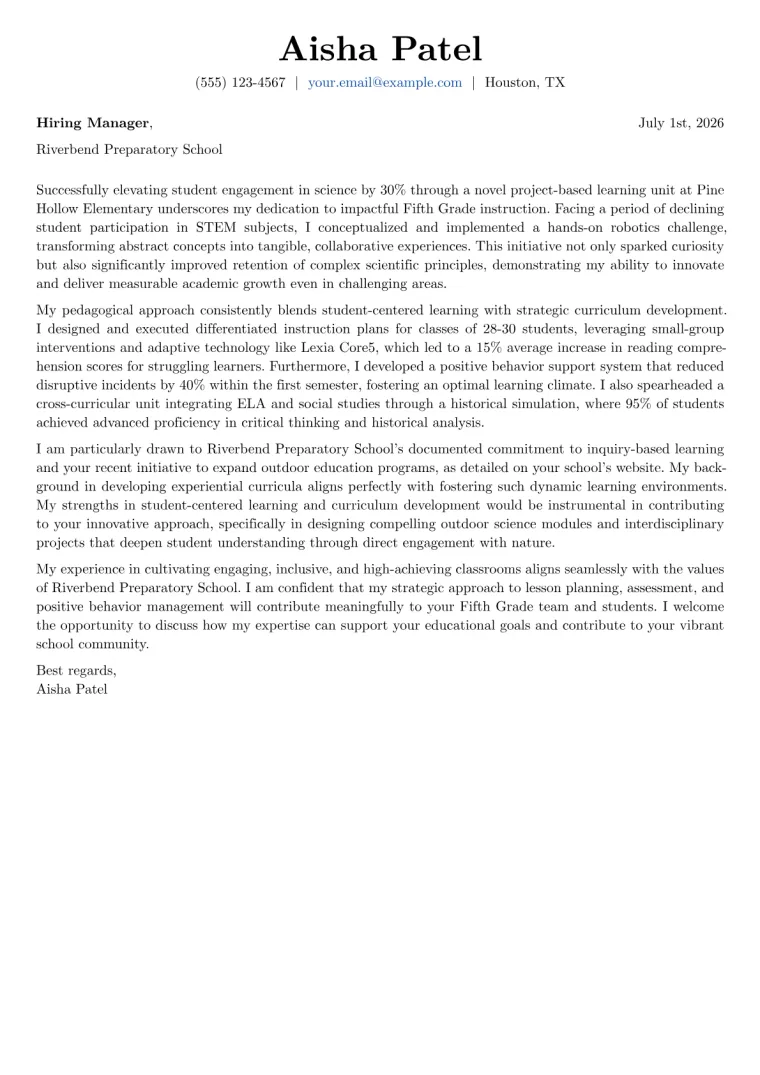 Fifth Grade Teacher cover letter example preview