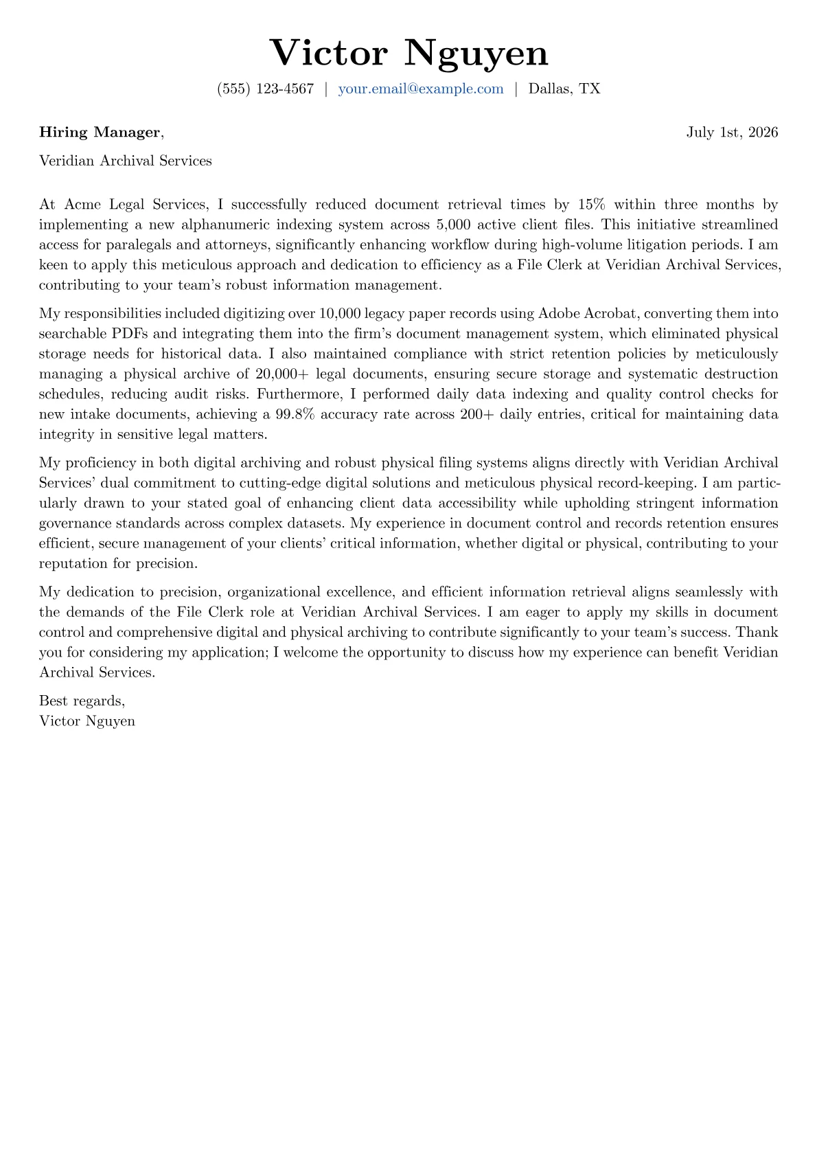 File Clerk cover letter formatted with a JobSprout template