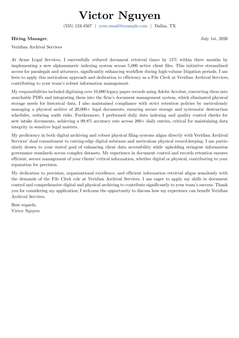 File Clerk cover letter example preview