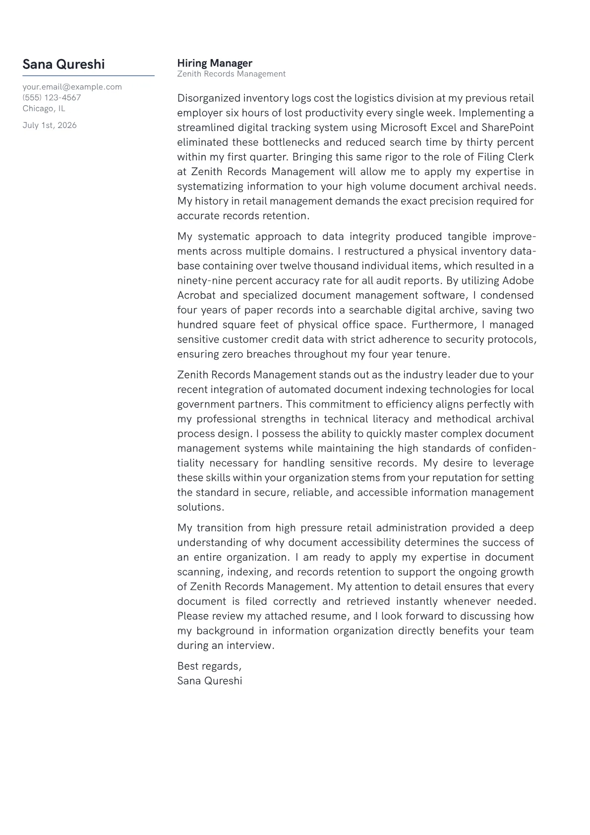 Filing Clerk cover letter in the Margin design