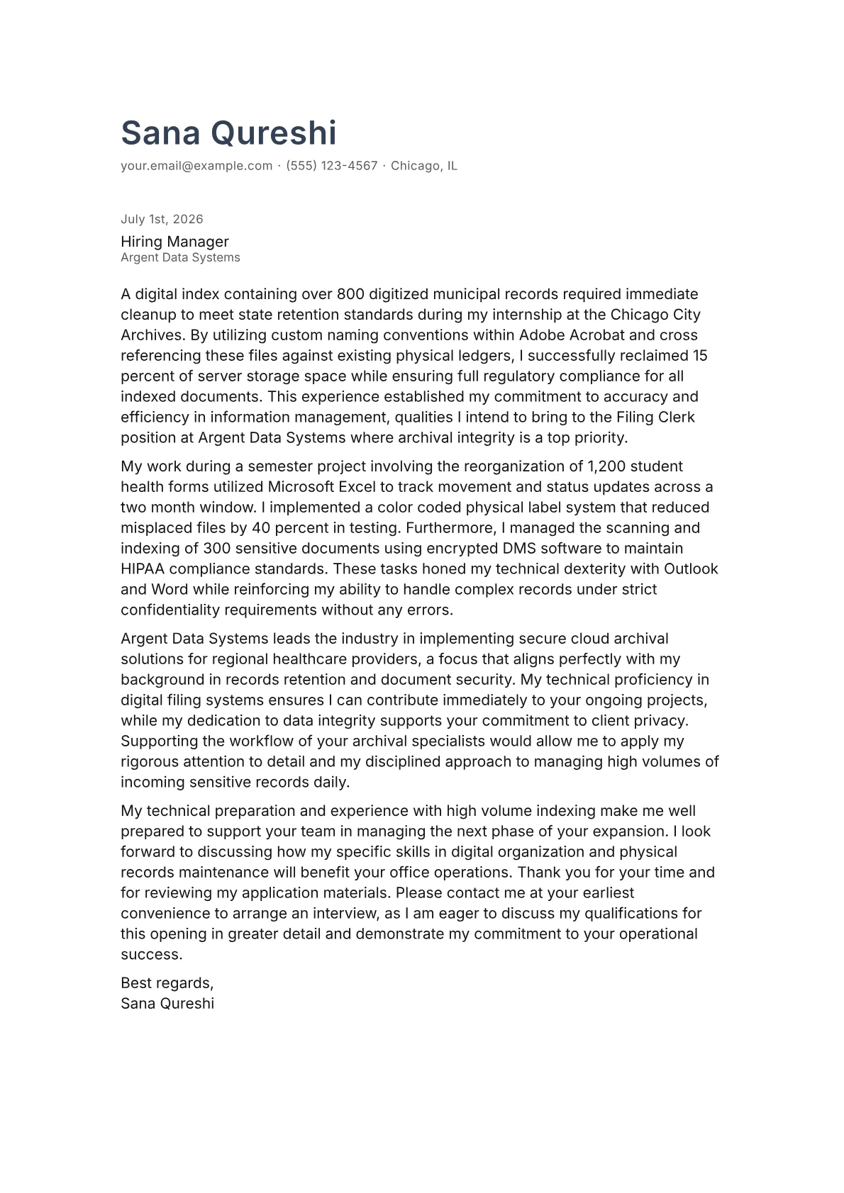 Filing Clerk cover letter in the Minimal design