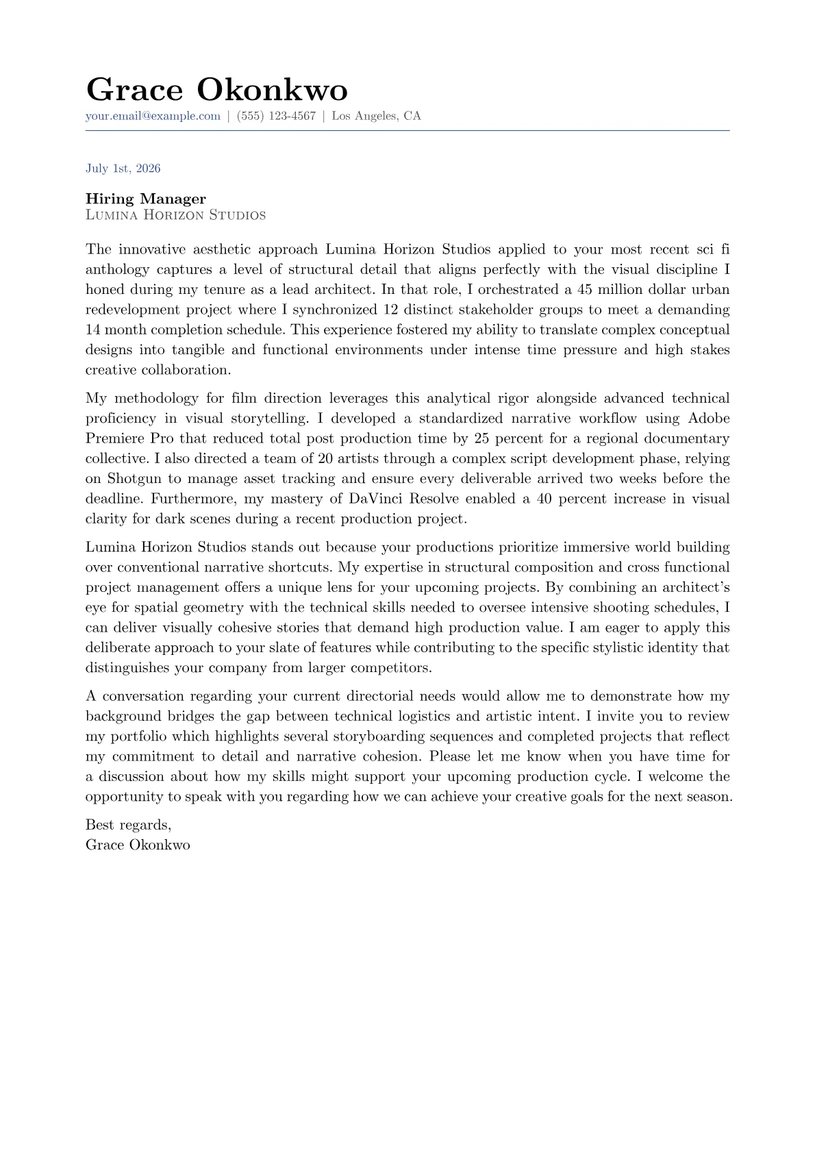 Film Director cover letter in the Classic design