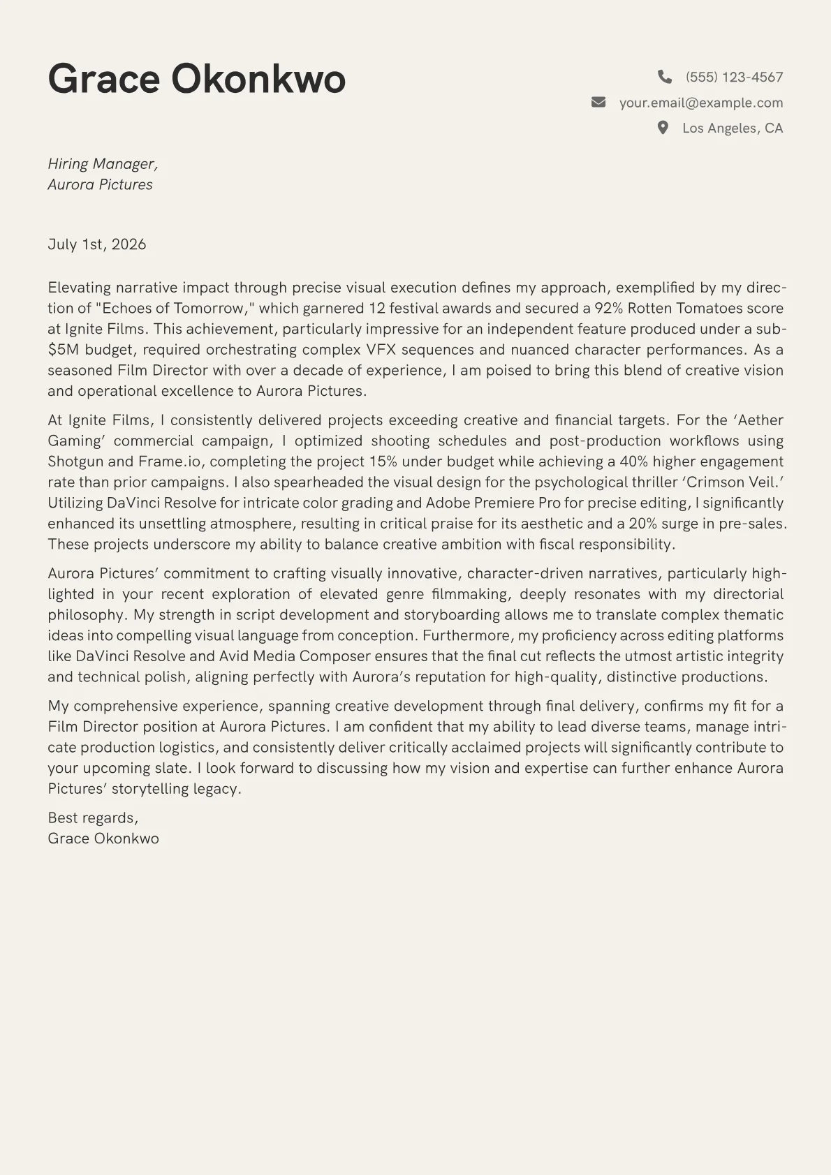 Film Director cover letter formatted with a JobSprout template