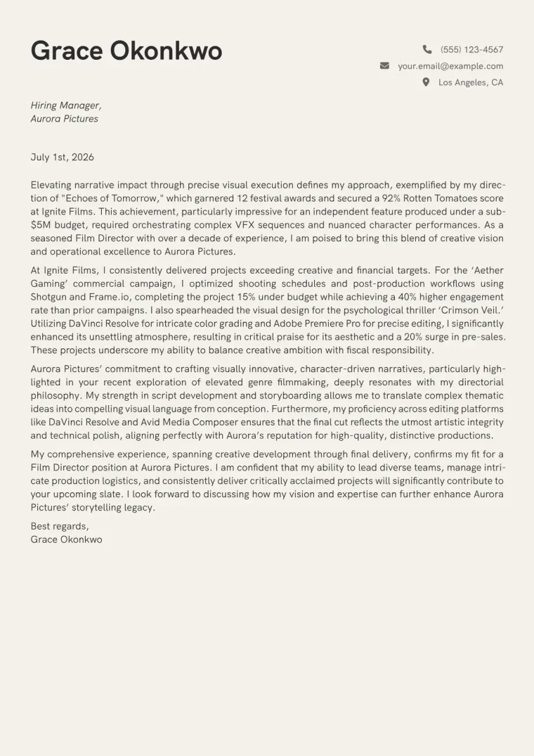 Film Director Cover Letter Example