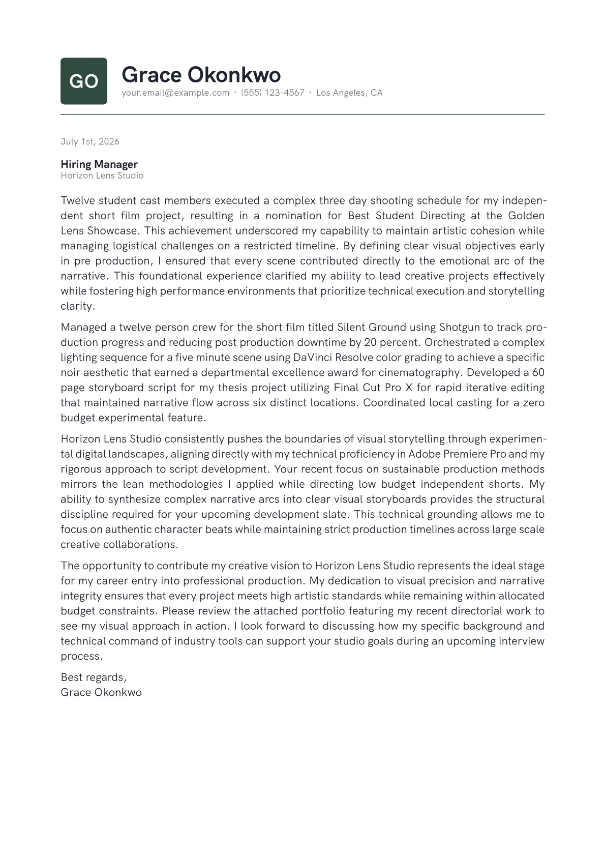 Film Director cover letter in the Emblem design