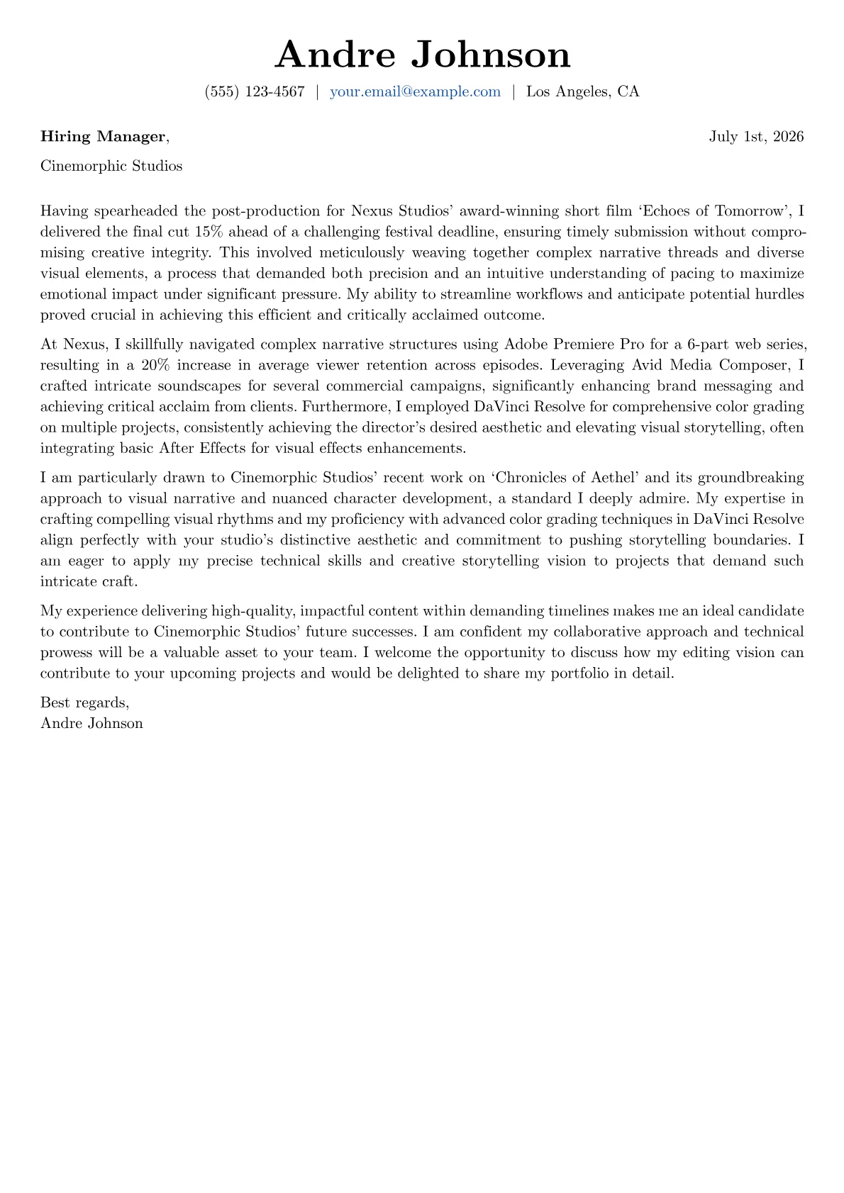 Film Editor cover letter formatted with a JobSprout template