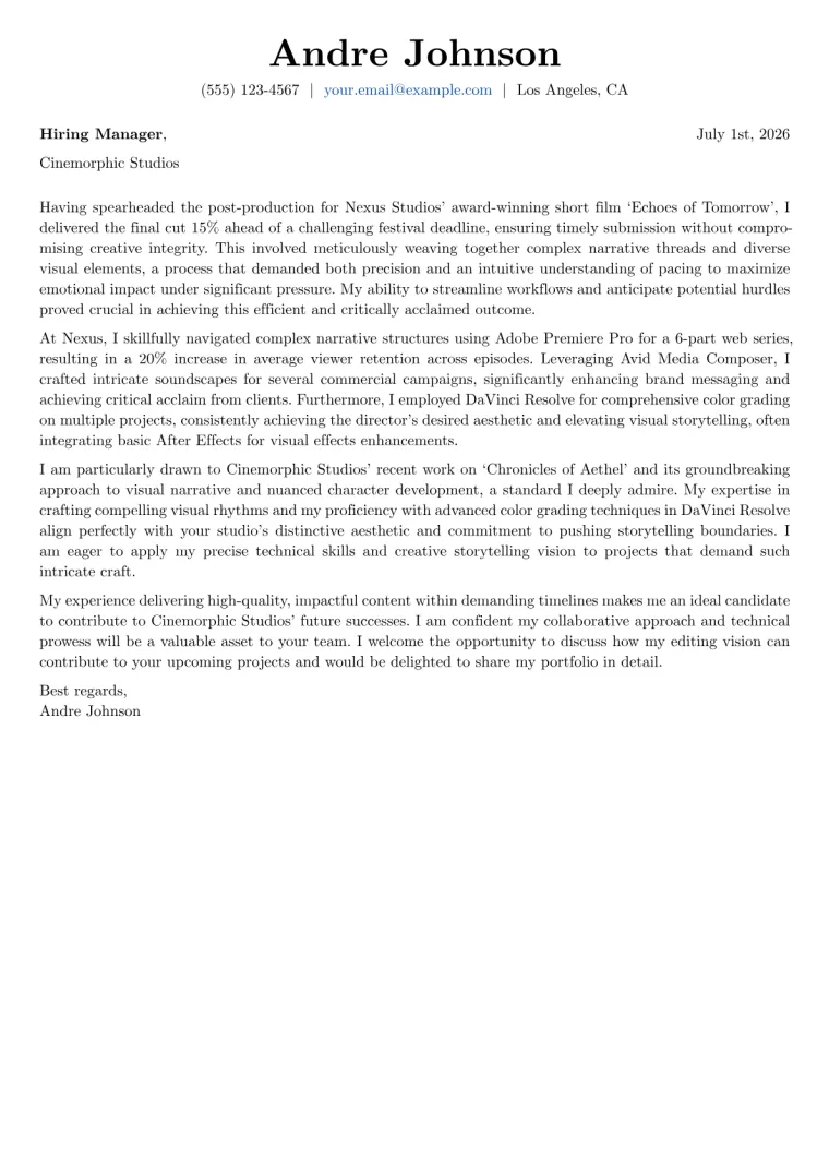 Film Editor cover letter example preview