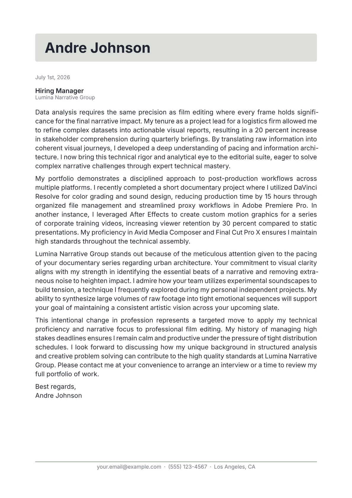 Film Editor cover letter in the Letterhead design