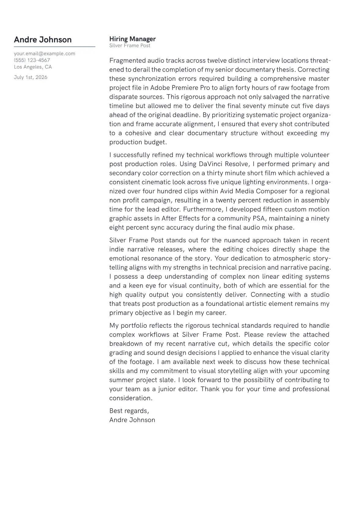 Film Editor cover letter in the Margin design