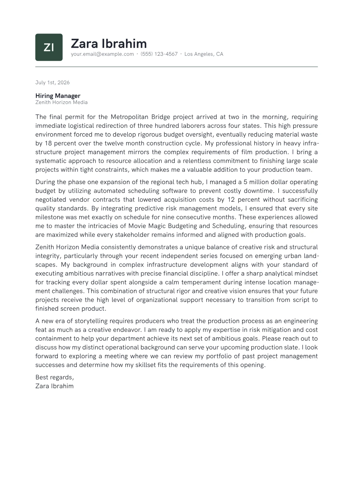 Film Producer cover letter in the Emblem design