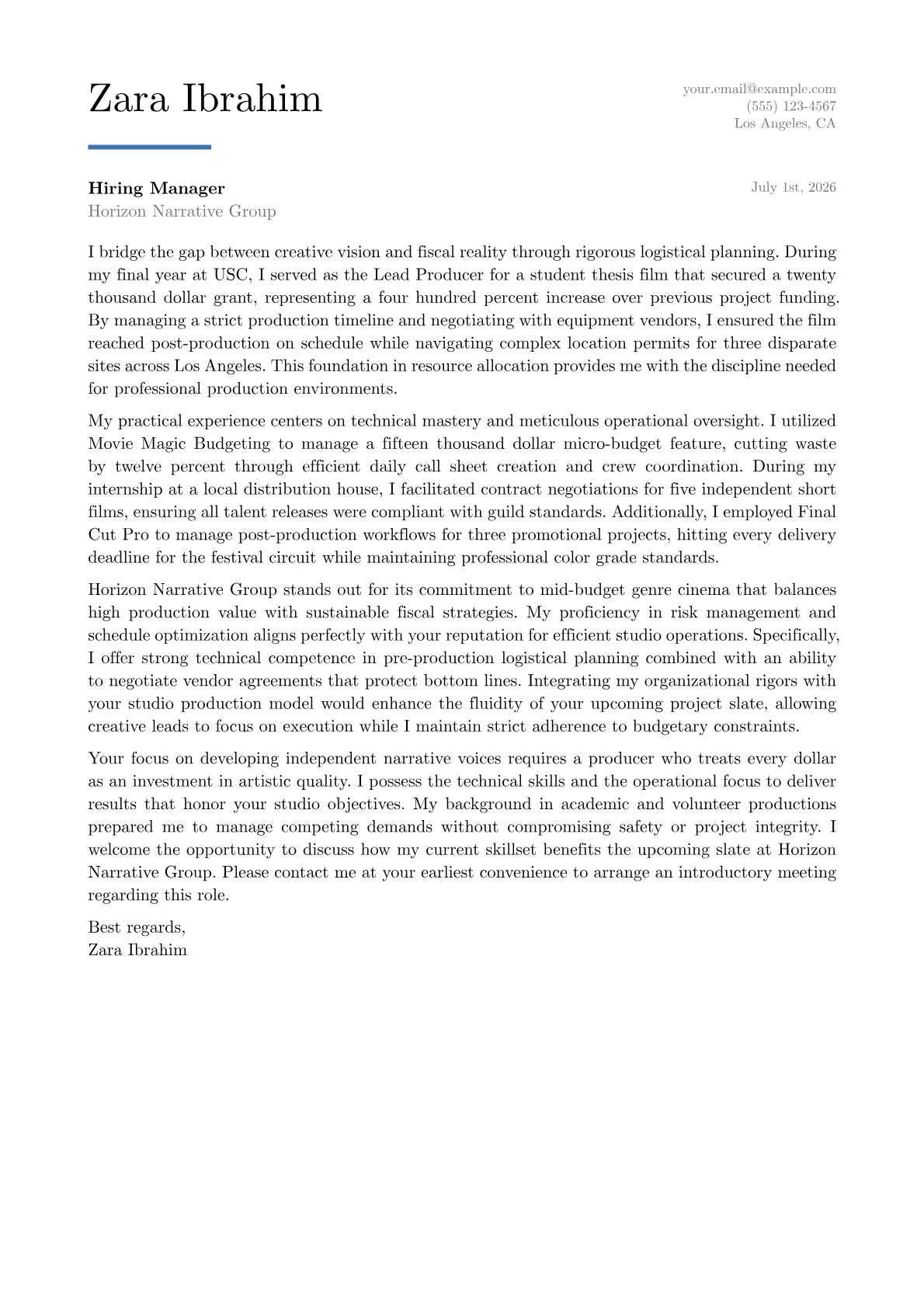 Film Producer cover letter in the Executive design