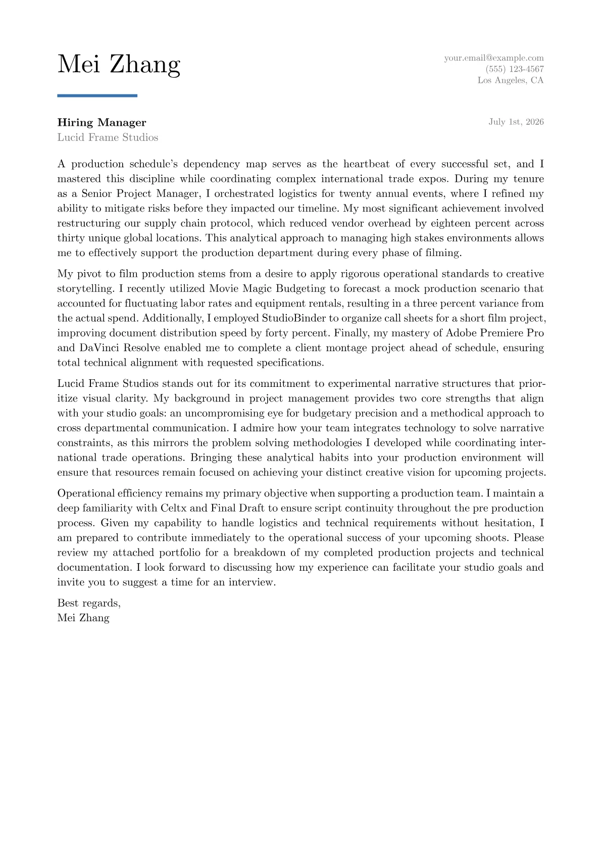 Film Production Intern cover letter in the Executive design