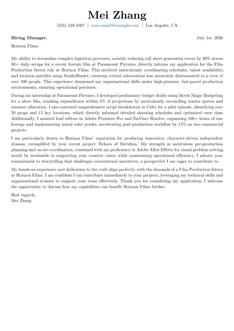 Film Production Intern cover letter example preview