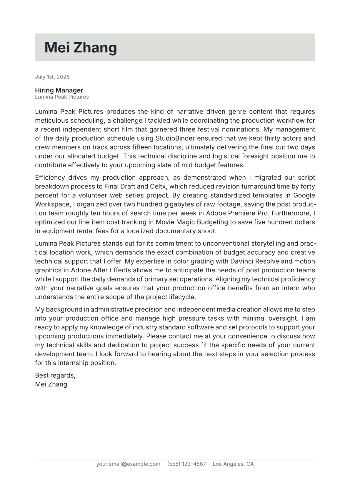 Film Production Intern cover letter in the Letterhead design
