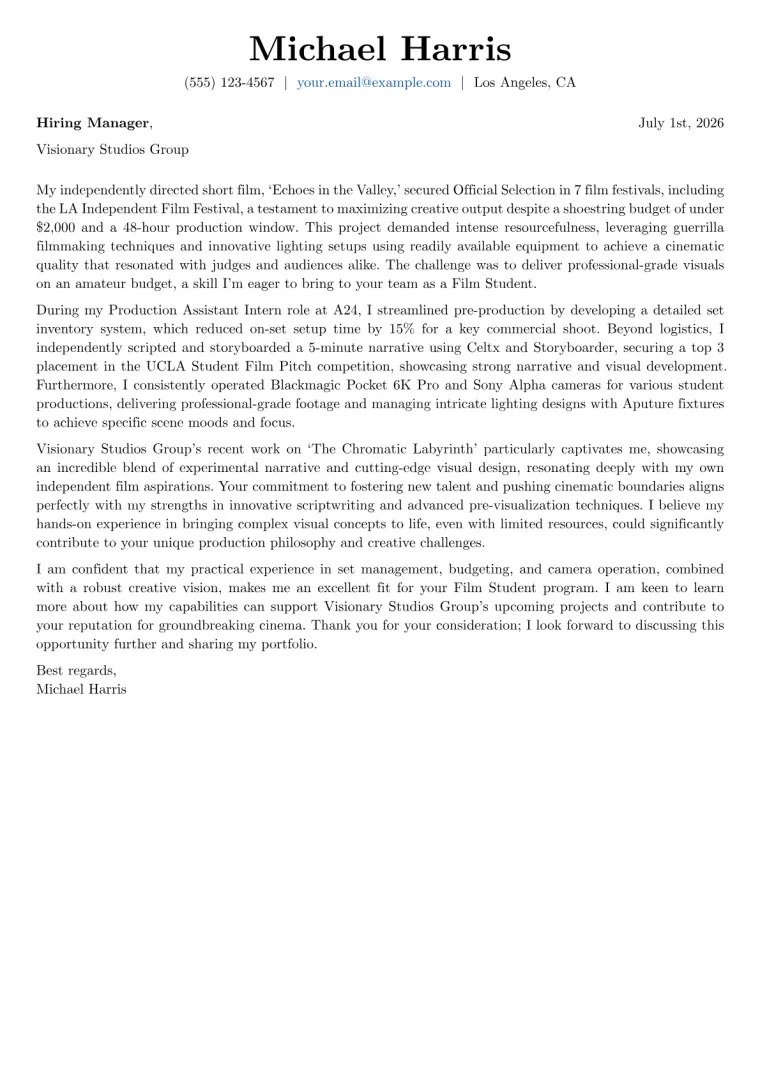 Film Student cover letter example